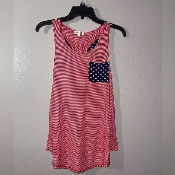 Moa Moa Red And White Stripe With Polk-A-Dot Pocket And Bow In Back Tank Top - Picture 2 of 4